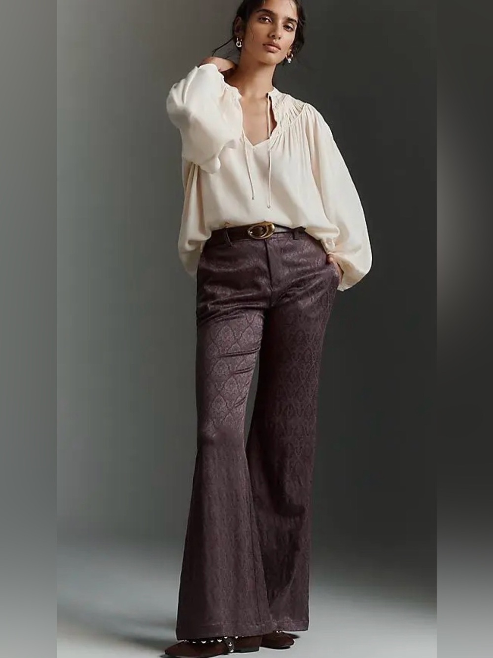 NWOT Anthropologie Whimsical Brocade Flare Pants Deepened Plum Size 14
